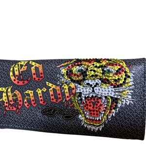 Ed Hardy Wallet Clutch with Rhinestone Sparkly Tiger, Black, Card ID Slots Coins